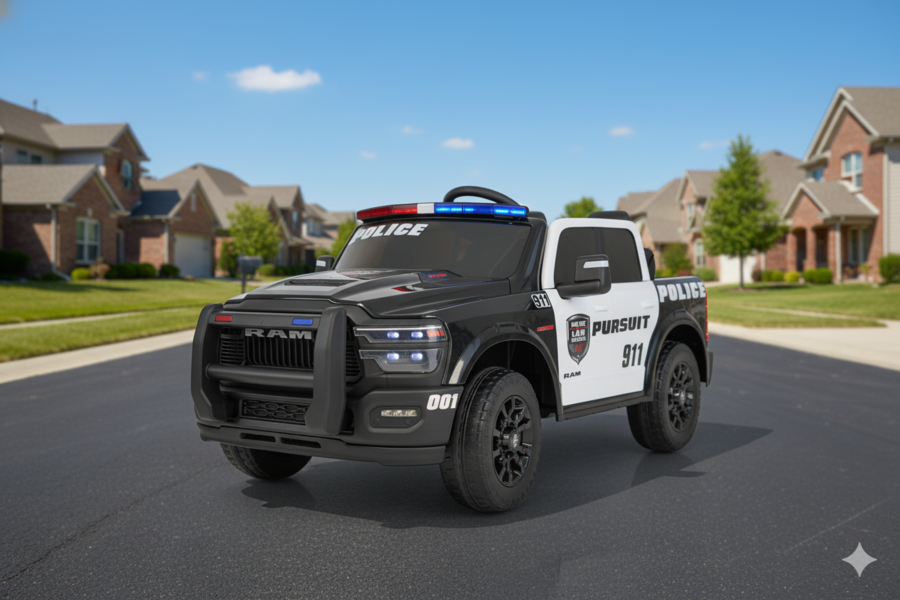 elektro kinderauto polizei dodge ram 2500 „rebel“ 24v mit ledersitz, 2 sitzer und eva reifen elektro kinderauto polizei dodge ram 2500 „rebel“ 24v mit ledersitz, 2 sitzer und eva reifen